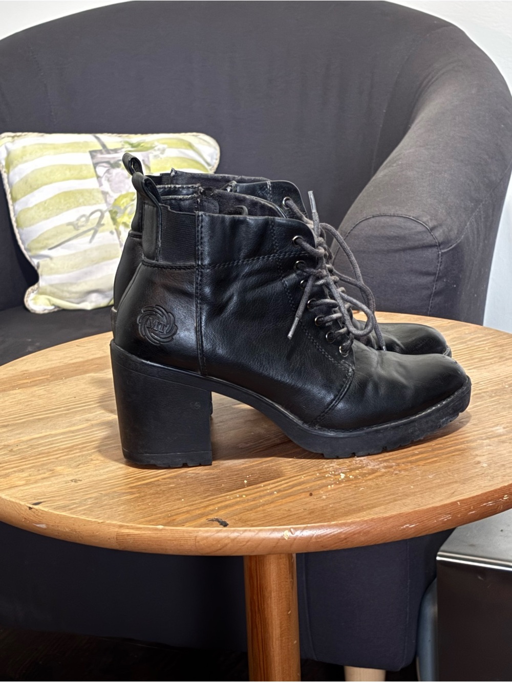 Black Leather Lace-Up Block Heel Ankle Boots
